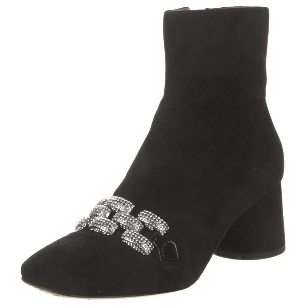 MARC JACOBS Jeweled Embellished Chain Suede Ankle Block Heel Black Booties 7 37